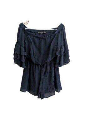 Hyfve Navy Blue Romper Off Shoulder Ruffle Tiered Sleeve Boho Coastal Summer S
